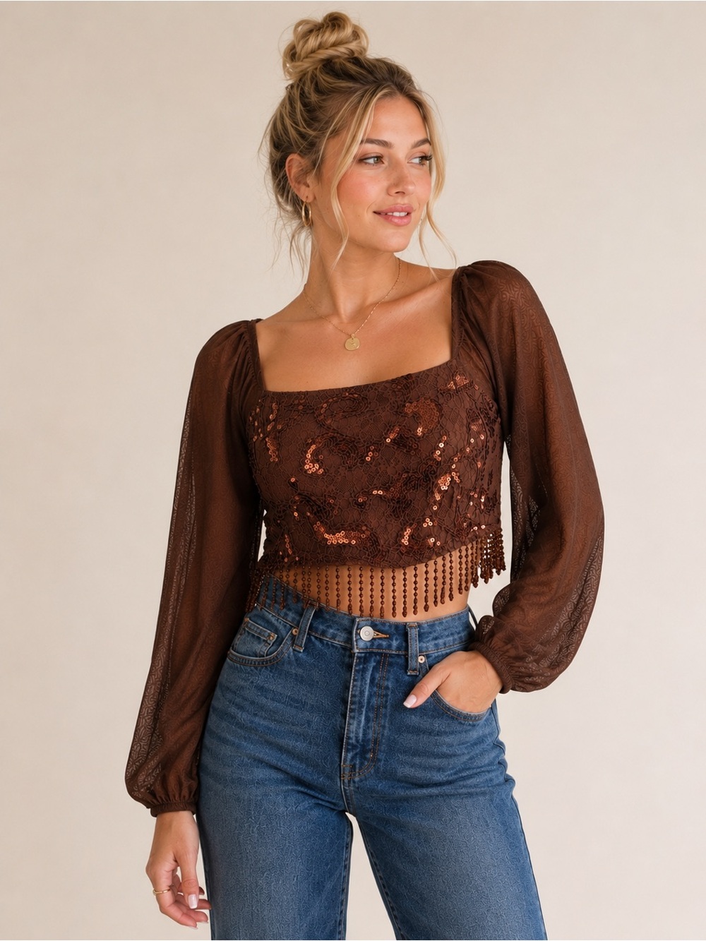 Sterling & Stitch Sequin Lace Fringe Brown Crop Top NWT Size XL
